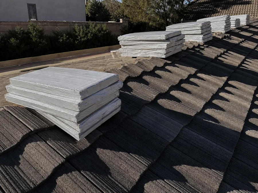 Bundles of new roofing material stacked in even piles and spread out along a roof slope