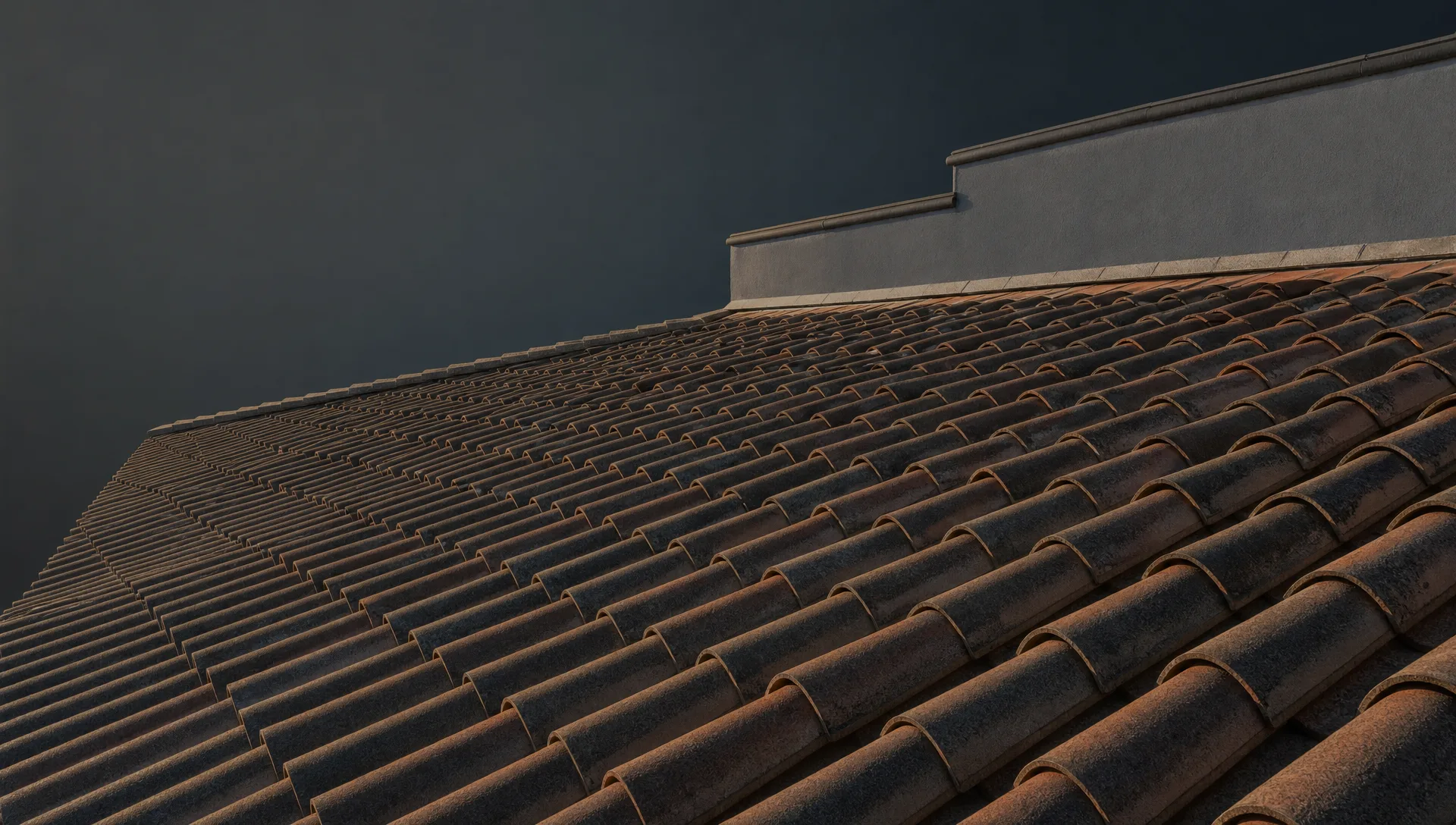 Late afternoon sun raking across a concrete tile roof in Anaheim, seen from standing height on the slope