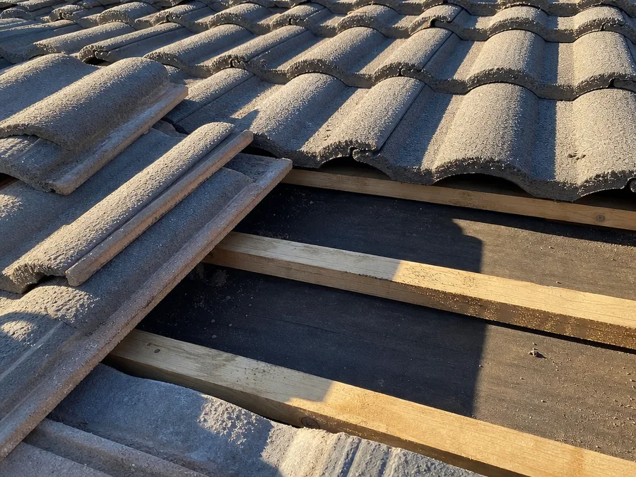 Two courses of concrete tile lifted and stacked aside, exposing the battens beneath