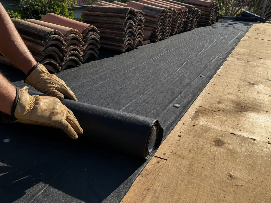 New underlayment rolled out over bare roof deck with salvaged tiles stacked up the slope