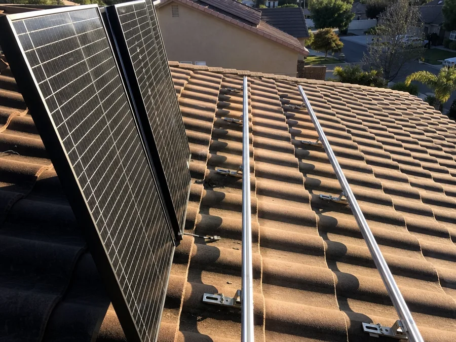Two solar panels lifted off their rails and stood on edge, with the empty aluminium rails and tile hook mounts left on the roof