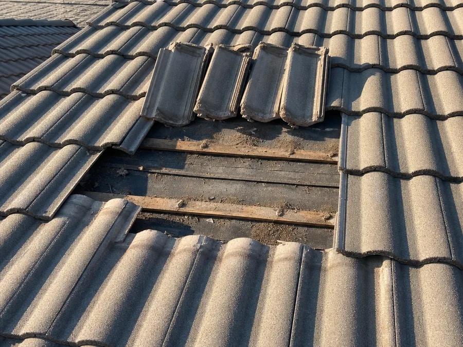 Four broken concrete roof tiles lifted out and set aside, with the batten and felt below them exposed