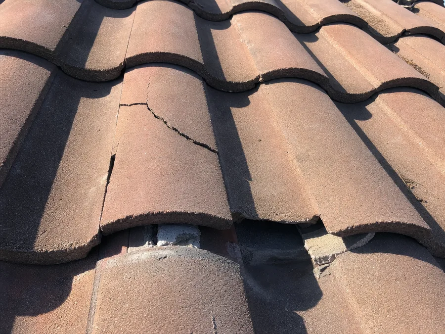 A clay barrel tile split across its crown beside another that has slipped down out of its course