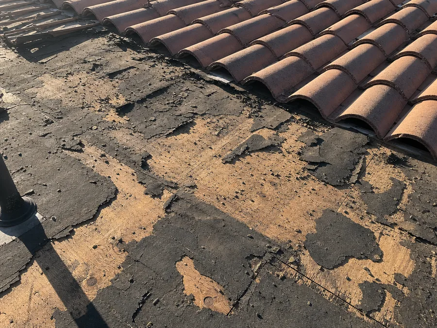 Brittle old roofing felt curling away from bare plywood where a band of tile has been stripped off